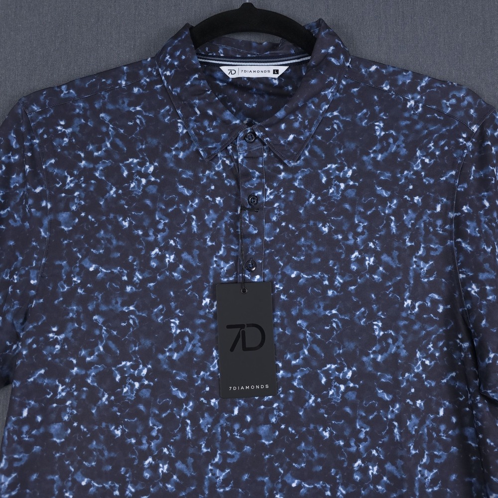 7 Diamonds Colin Performance Golf Polo Mens Large Navy‎ AOP Short Sleeve Stretch
